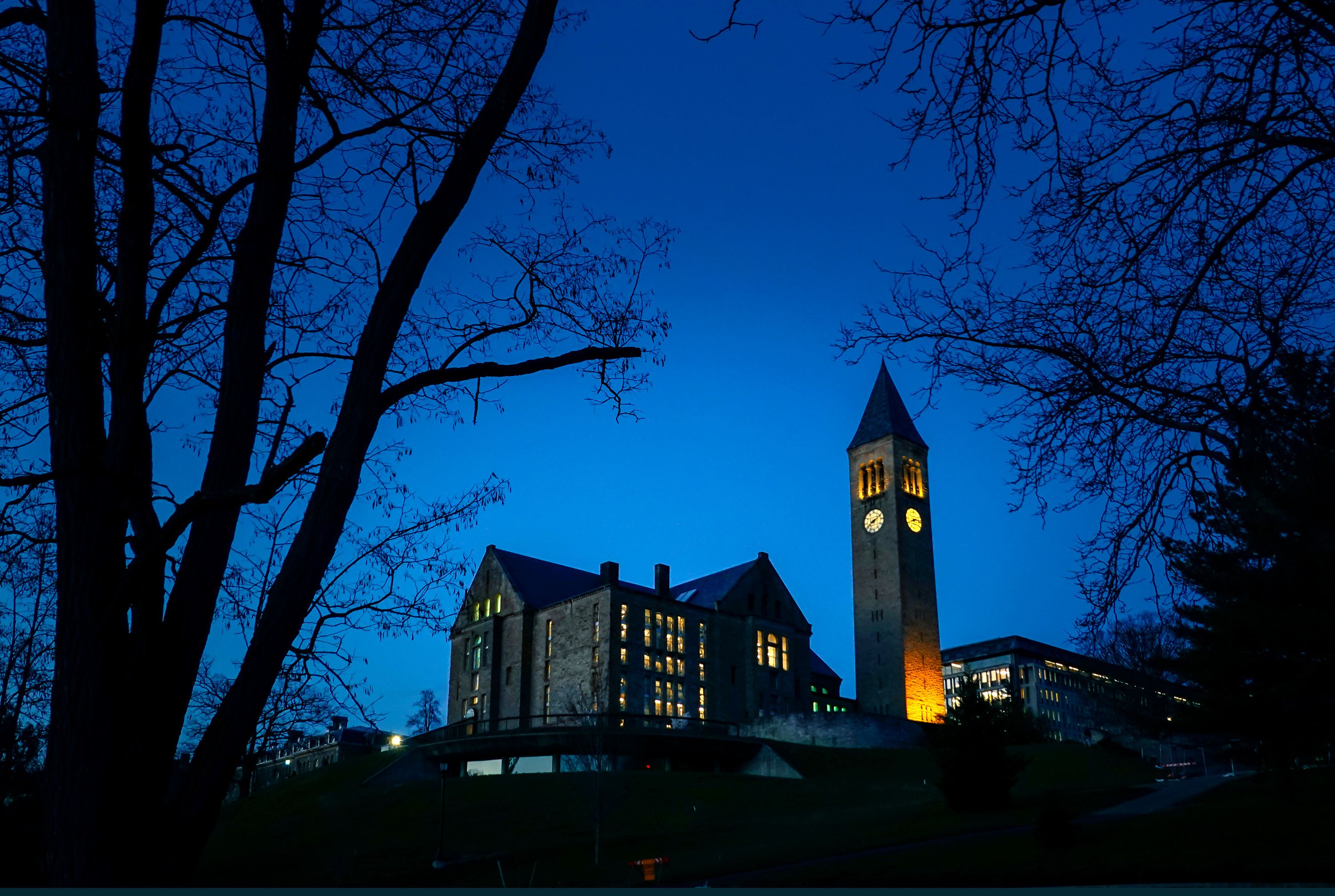 Cornell University McGraw Tower building illuminated at dusk