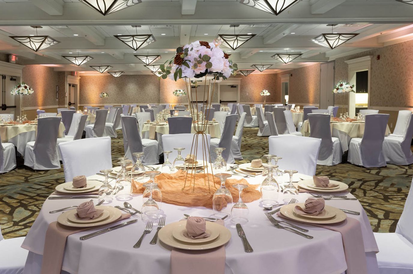 The Hotel Ithaca's massive ballroom set up for a formal meeting session with elegant white tablecloths and place settings