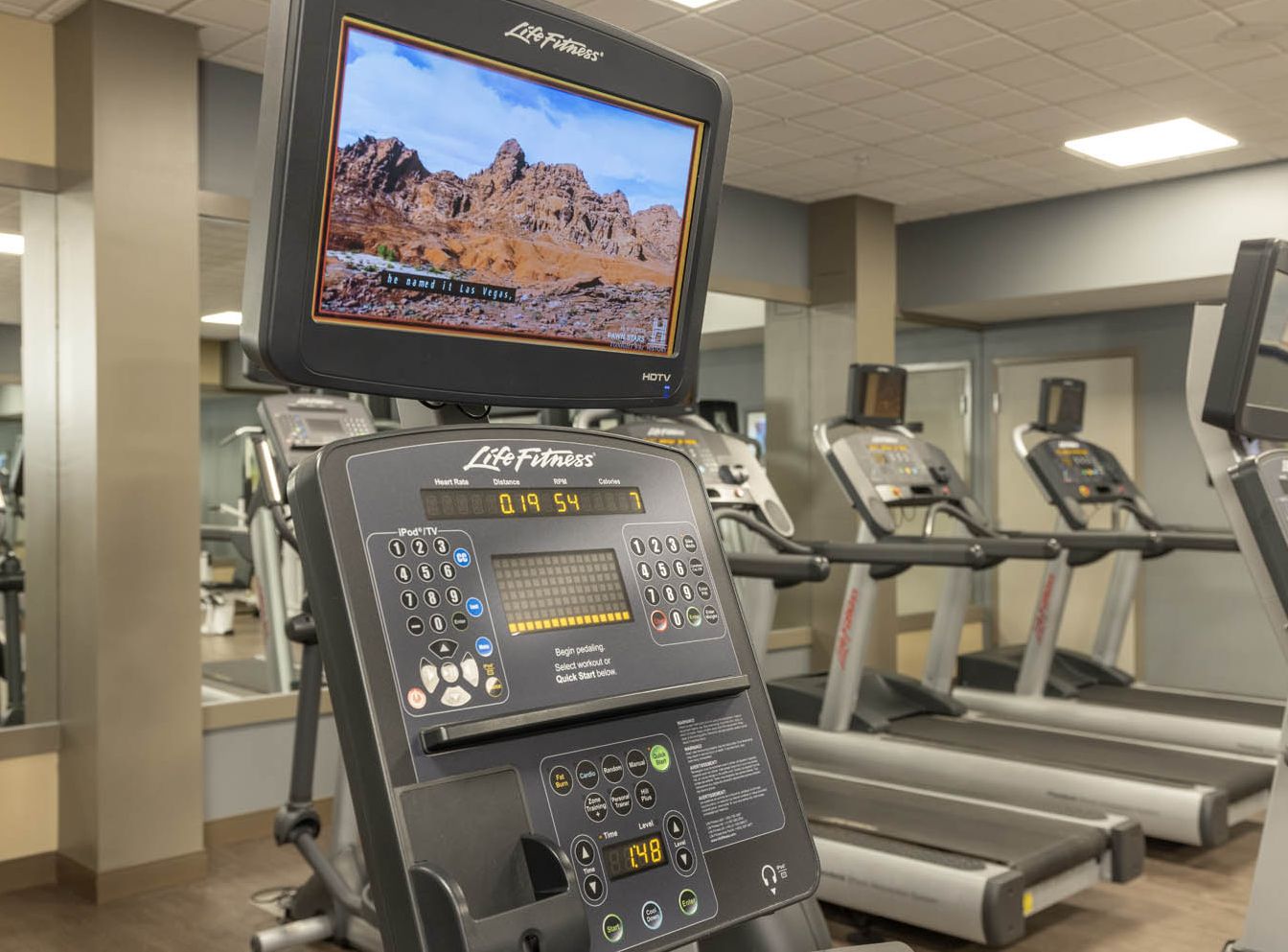 A treadmill in the fitness center inside The Hotel Ithaca